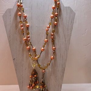 Vintage Double Strand Faux Pearls and Yellow AB’s & GT Accent & Tassels Necklace